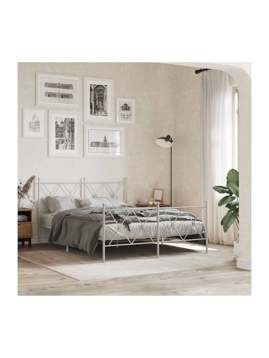 Double Metal Bed White with Slats for Mattress 137x190cm