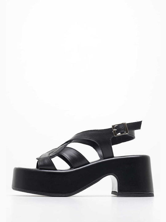 Καλογήρου Leder Damen Sandalen in Schwarz Farbe