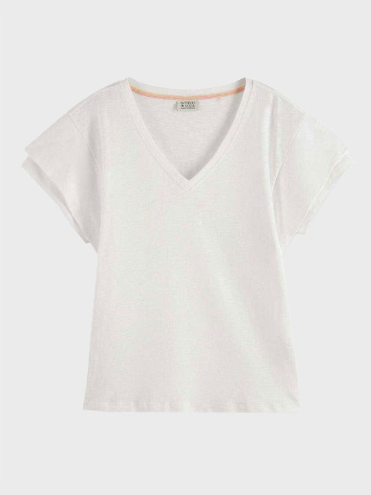 Scotch & Soda Γυναικείο T-shirt με V Λαιμόκοψη Ασπρο