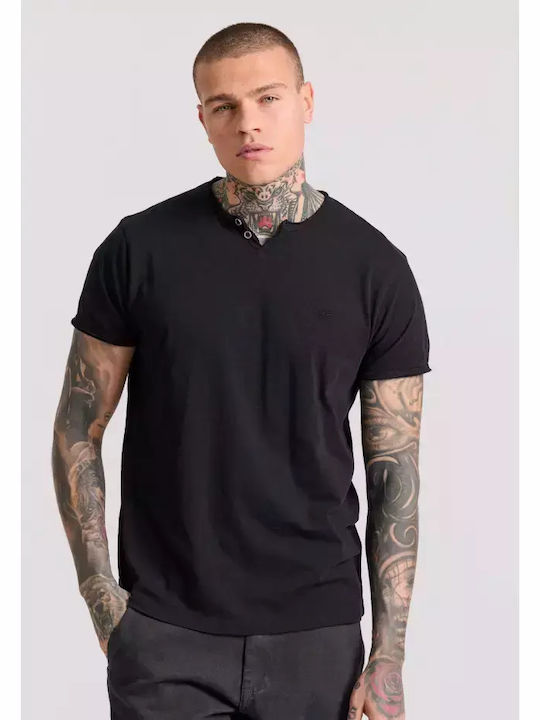 Funky Buddha Men's Short Sleeve T-shirt with Buttons Black