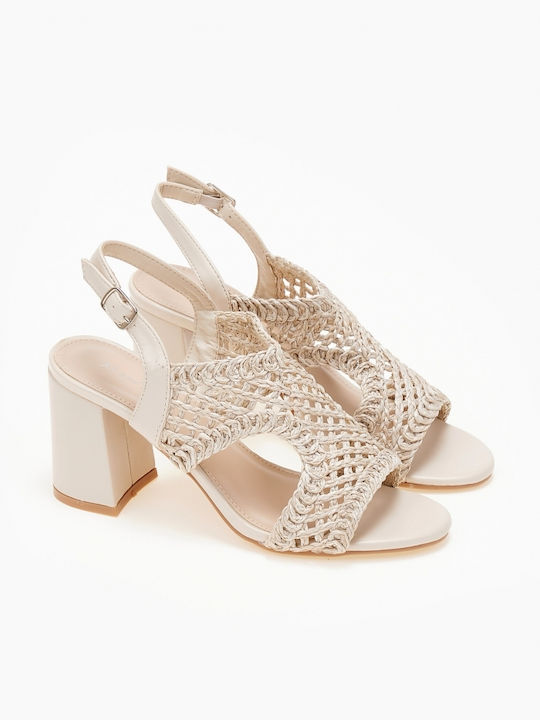 Chunky Heel Straw Sandals Beige