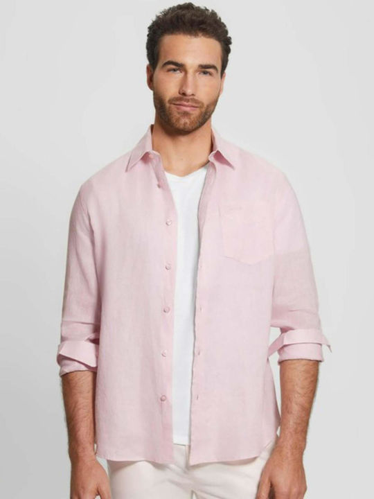 Guess Men's Shirt Long Sleeve Linen Pink