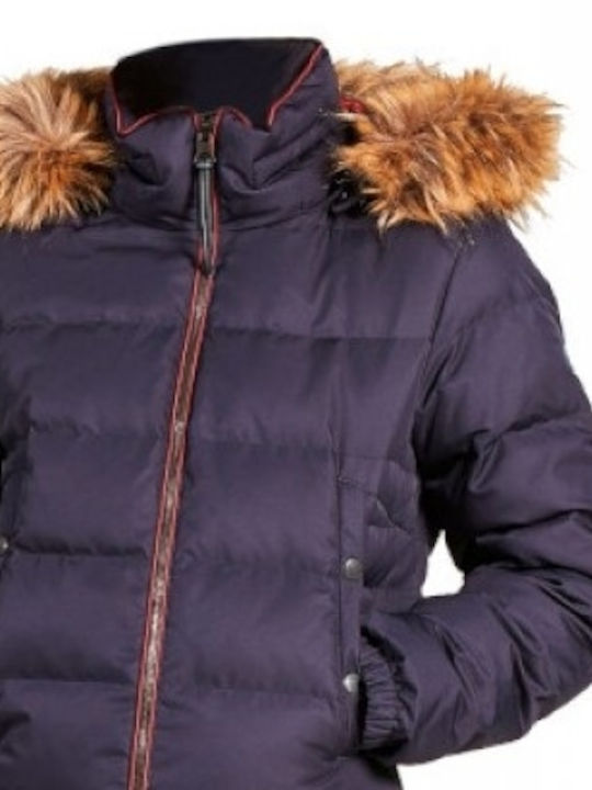 Aigle Women's Short Puffer Leather Jacket Waterproof for Winter with Hood Blue