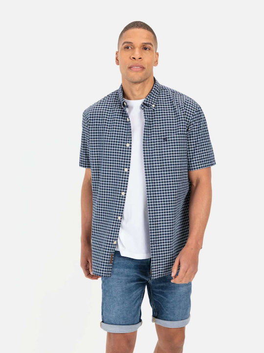 Camel Active Men's Shirt Short Sleeve Cotton Checked Blue