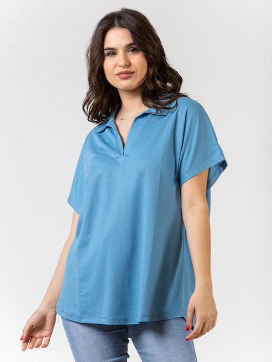 Simple Fashion Women's Blouse Short Sleeve Blue