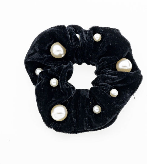 Stoff Samt Scrunchie 6 Farben verziert mit weißen Perlen-Schwarz