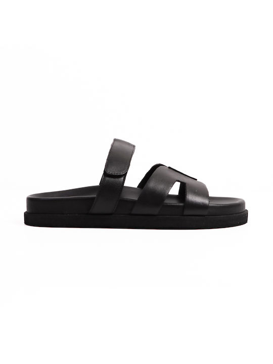 Mosaic Leather Women's Flat Sandals in Black Color