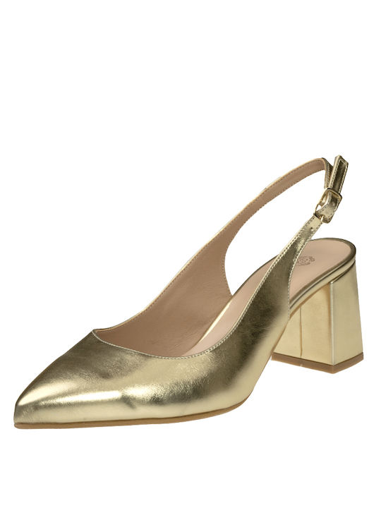 Stefania Synthetic Leather Gold Medium Heels with Strap