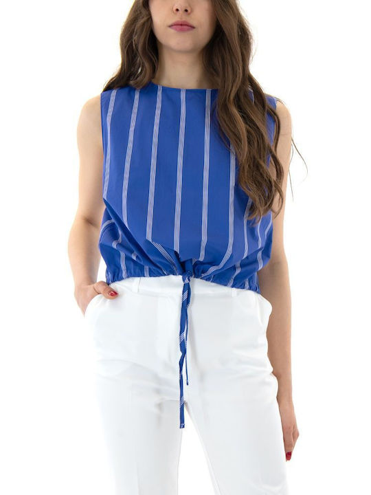 MY T Damen Crop Top Baumwolle Ärmellos Gestreift WHITE- BLUE