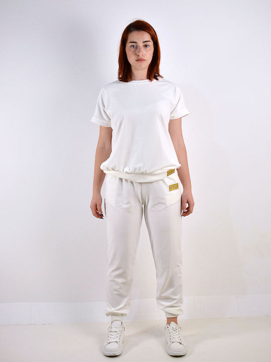 Women's White Short Sleeve Sweatpants Set