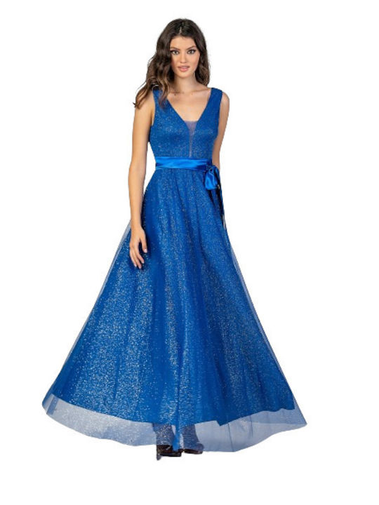 Bellino Maxi Abendkleid Offener Rücken mit Tüll Blau