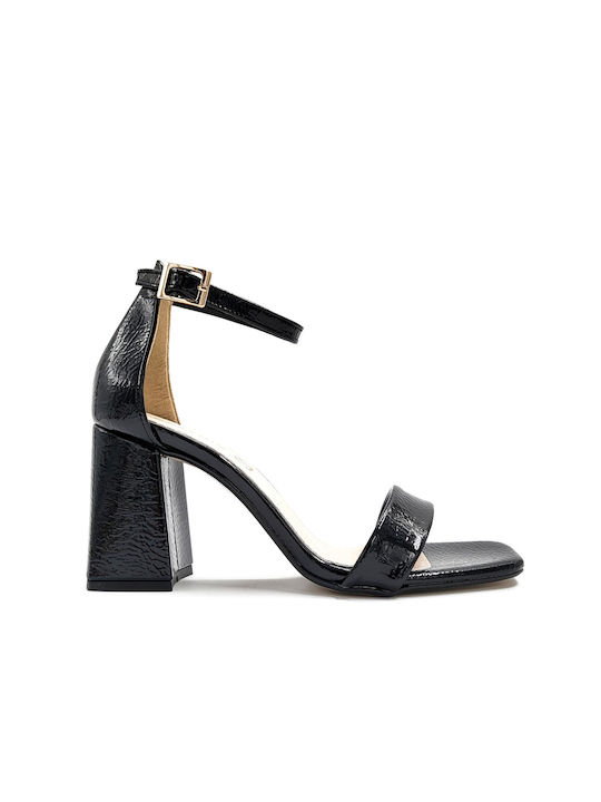 Beatris Patent Leather Women's Sandals with Ankle Strap Black