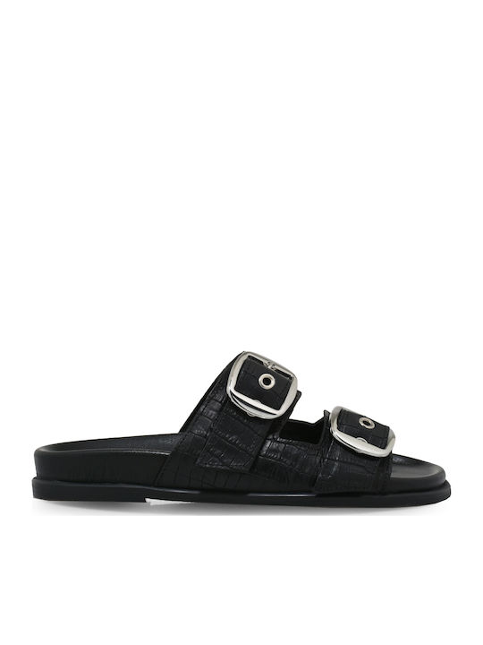 Leather Women's Flat Sandals in Black Color