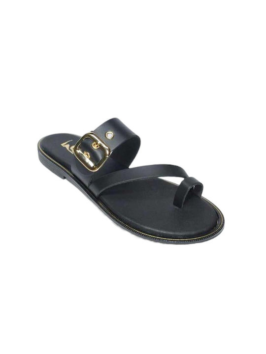 Gk Shoes Leather Women's Flat Sandals in Black Color