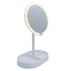 Makeup Mirror Tabletop Round LED Lighted Jewelry Base Beauty Products Care Accessories Adjustable Mirror Tilt Lighting USB Cable 21x14x32cm White