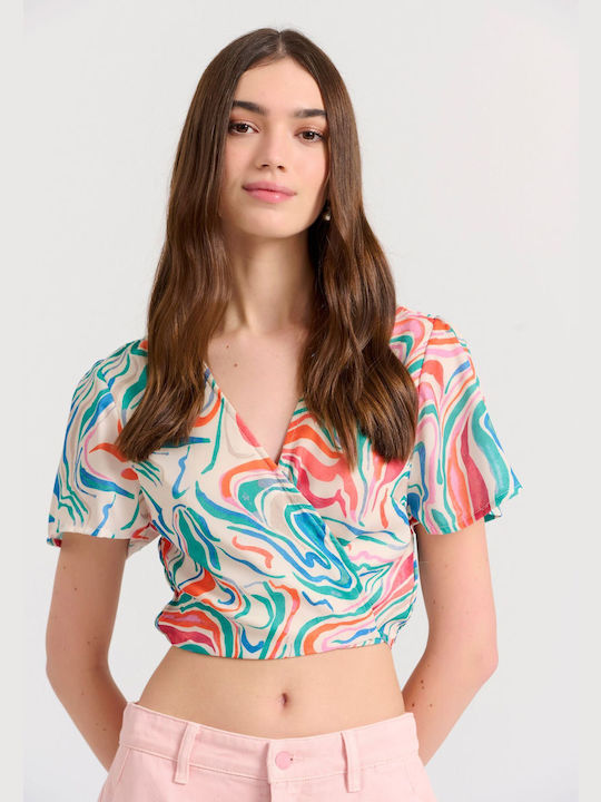 Funky Buddha Women's Crop Top with V Neckline Multicolour