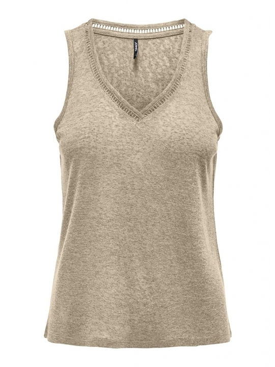 Only Damen Bluse Ärmellos mit V-Ausschnitt Beige