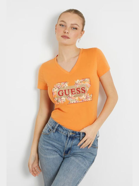 Guess Γυναικείο T-shirt Floral Πορτοκαλί