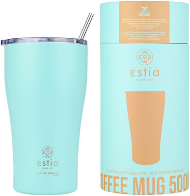 Estia Coffee Mug Save The Aegean Recycelbar Glas Thermosflasche Rostfreier Stahl BPA-frei Bermuda Green 500ml mit Stroh