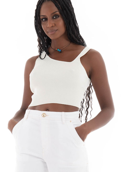 Only Women's Crop Top with V Neck Off White