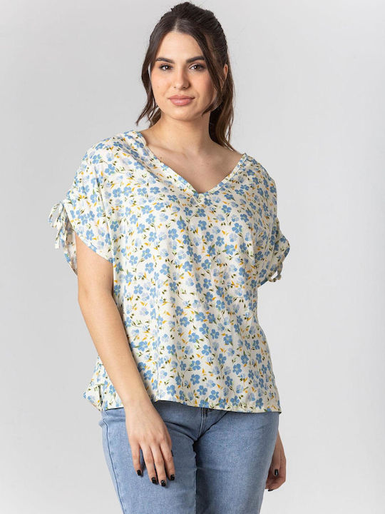 Simple Fashion Women's Blouse with V Neck Floral Ecru
