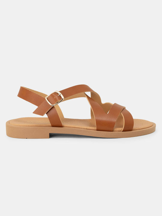 Bozikis Xsi Bolleti Flache Sandalen für Damen mit weicher Sohle und überkreuzten Riemen 1082 D Tan Kunstleder