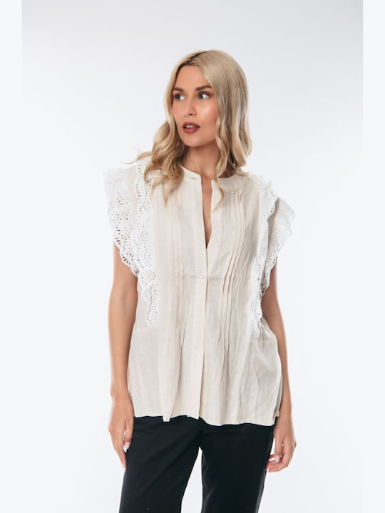 Dress Up Women's Blouse with Lace Beige