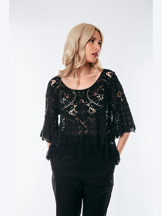 Dress Up Women's Blouse with Lace Black