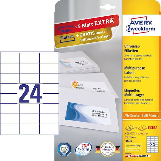 Avery Selbstklebende A4-Etiketten 70x36mm