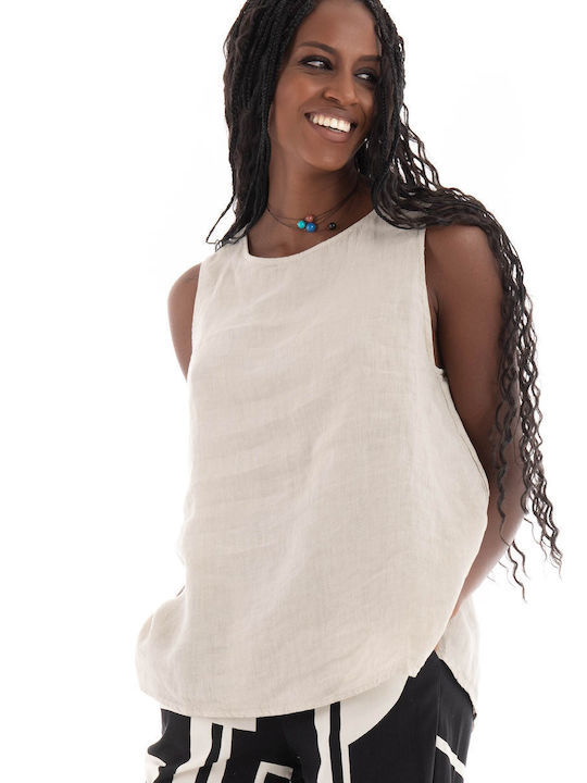 Black & Black Women's Summer Blouse Linen Sleeveless Beige