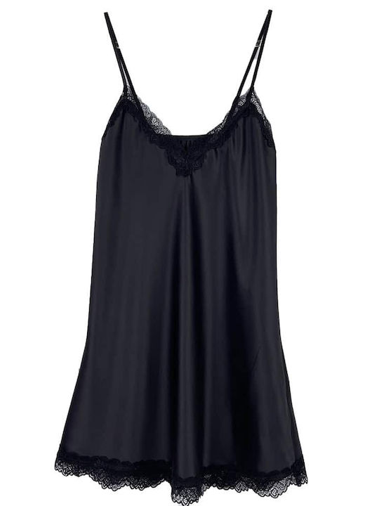 Women's Satin Short Nightgown with Lace Adjustable Straps Slim Fit Black