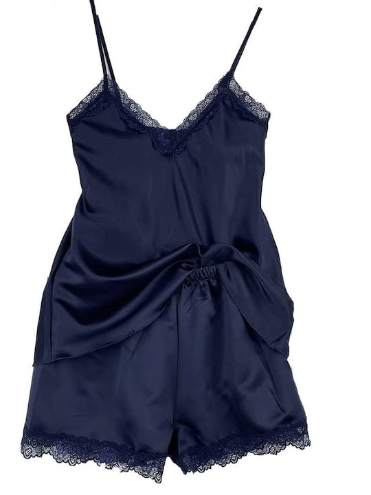 Women's Satin Babydoll Top and Shorts Set with Lace Slim Fit Dark Blue