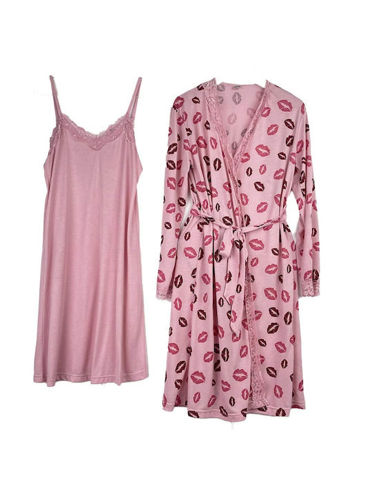 Women's Pyjama Set Nightgown Robe Design Lips Slim Fit Pink