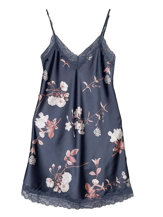 Women's Satin Floral Short Lace Nightgown Slim Fit Blue-Grey