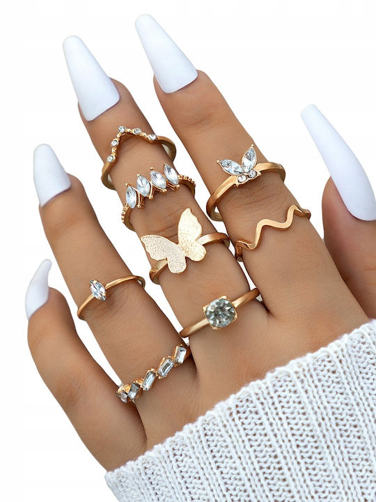 Golden Set Retro Punk Vintage Rings 8 Pieces Classic Crystals