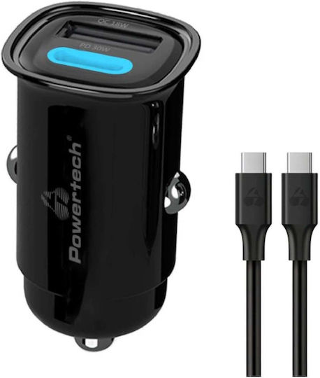 Powertech Încărcător Auto 30W 3A Încărcare Rapidă cu Porturi: 1xUSB 1xType-C Negru Culoare