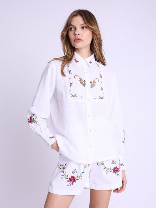 Berenice Langärmelig Damen Denim Hemd Weiß Blumen