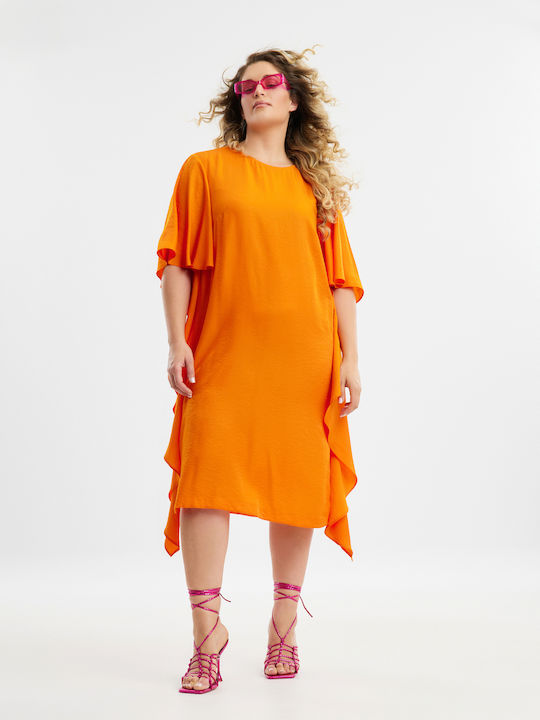 Mat Fashion Midi Dress with Ruffle Orange