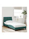 Single Upholstered Bed with Fabric Dark Green with Slats and Mattress 80x200cm