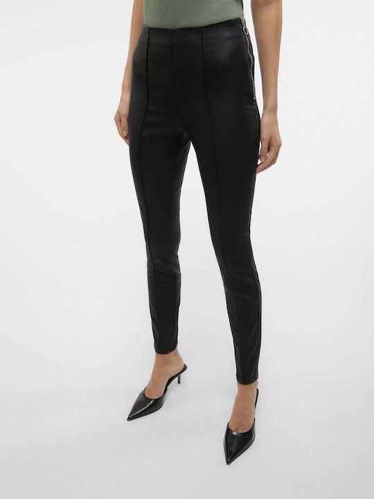 Vero Moda Γυναικείο Δερμάτινο Παντελόνι σε Slim Εφαρμογή Μαυρο
