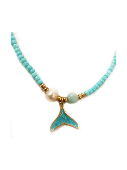 Damen Halskette Kurze Kette Blaue Perlen Anhänger Tier Baria