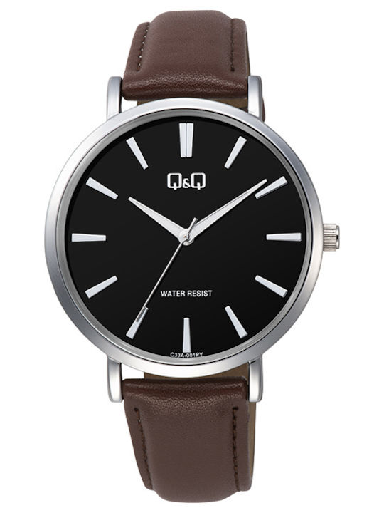 Q&Q Ανδρικό Ρολόι 40mm Μπαταρίας με Καφέ Δερμάτινο Λουράκι