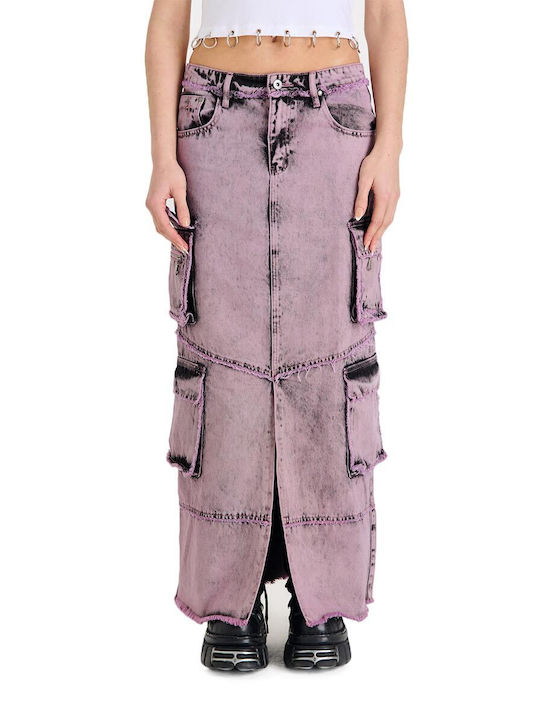 The Ragged Priest Denim Maxi Skirt Charcoal/pink
