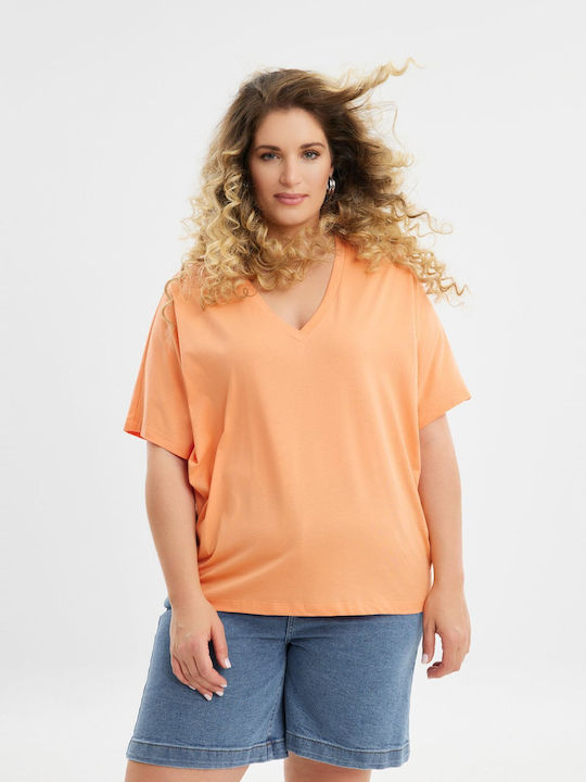 Mat Fashion Γυναικείο T-shirt με V Λαιμόκοψη Πορτοκαλί