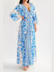 Caroline White Blue Maxi Satinized Caftan Dress