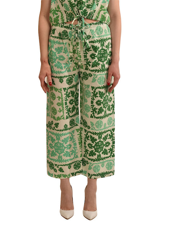MY T Γυναικείο Υφασμάτινο Παντελόνι σε Wide Γραμμή Floral Green