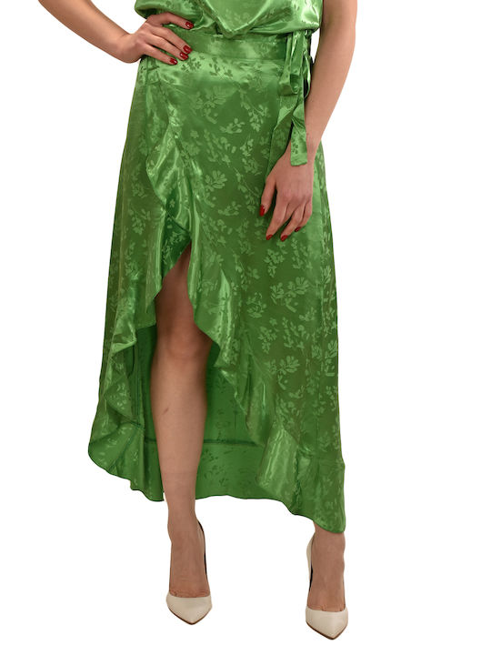 Satin,σατεν Rock Umschlag Blumen Parrot Green
