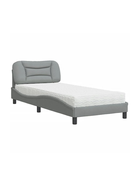 Κρεβάτι Μονό Επενδυμένο με Ύφασμα Ανοιχτό Γκρι με Τάβλες & Στρώμα 90x200cm