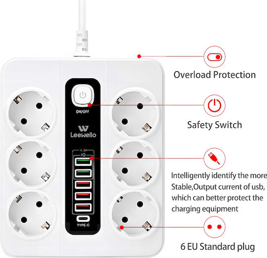 Leewello Power Strip with Surge Protection 6 Positions with 5 USB-A, 1 USB-C and Switch