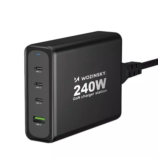 Wozinsky GaN с USB-A порт и 3 USB-C порта 240W Черен (WGCSB)